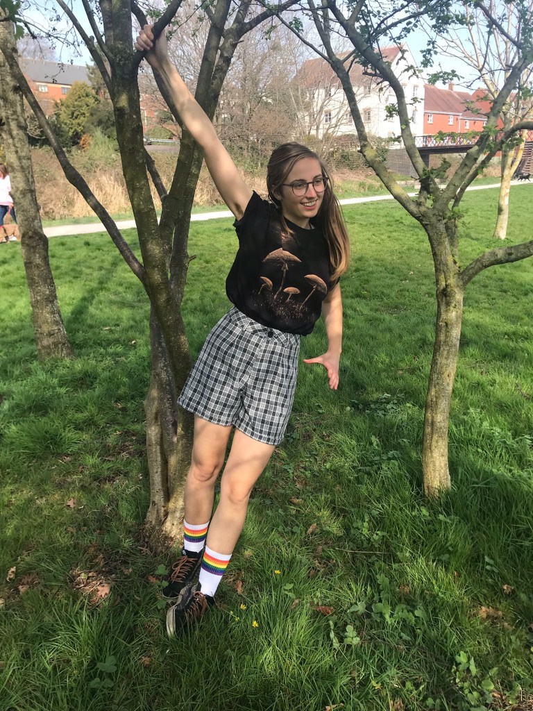 woman wearing painted to order bleached parasol mushroom t-shirt