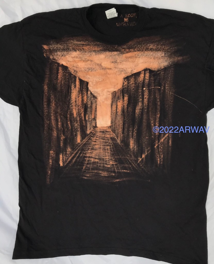 bleach painting of sunset street on black t-shirt 
