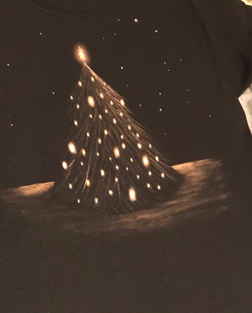 christmas tree with lights on snow painted with bleach on fabric
