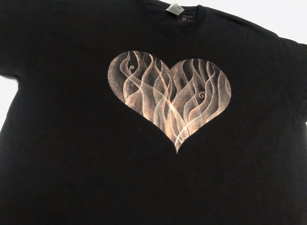 hand painted bleach tshirt with heart flames design